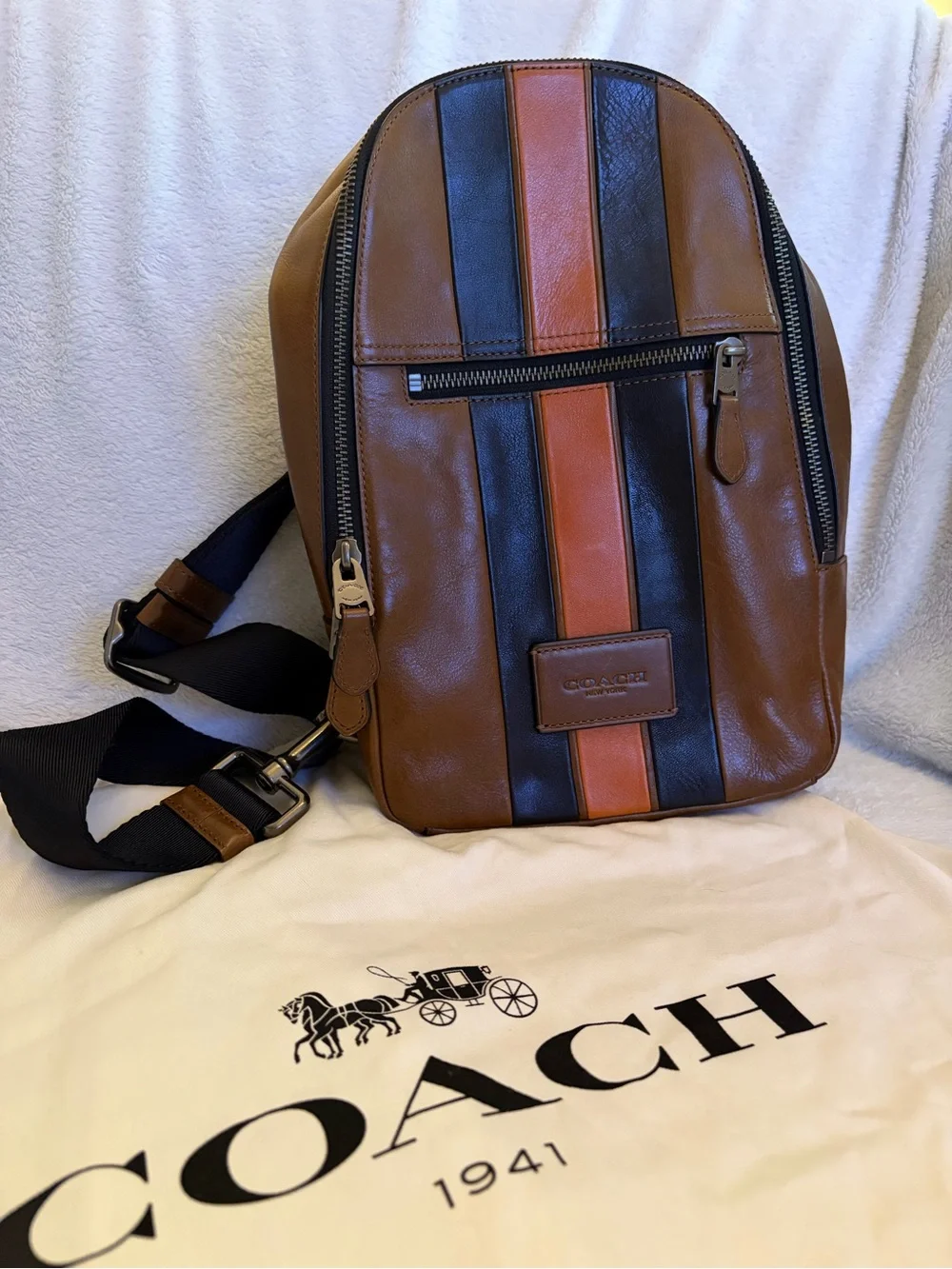 Coach Brown Leather Belt Bag with Black and Tan Stripes